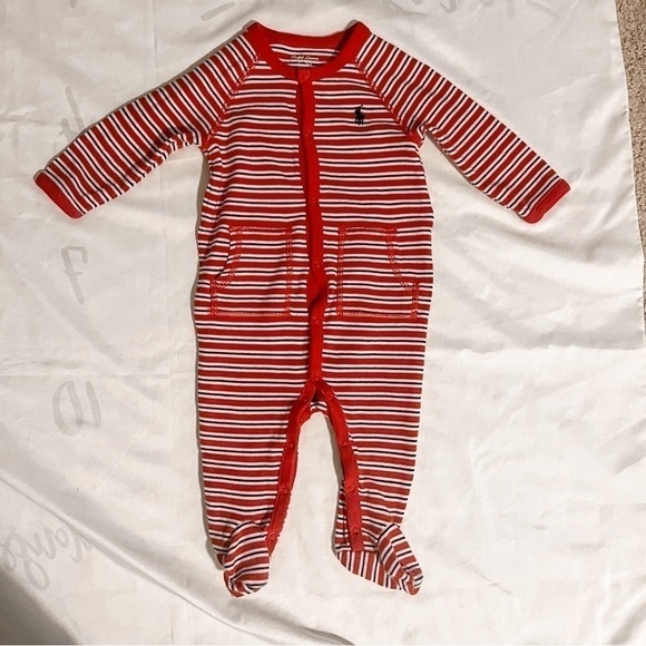 Ralph Lauren Long Sleeve Striped Footed Coverall in Red Multi Size 6 Months - Picture 2 of 15